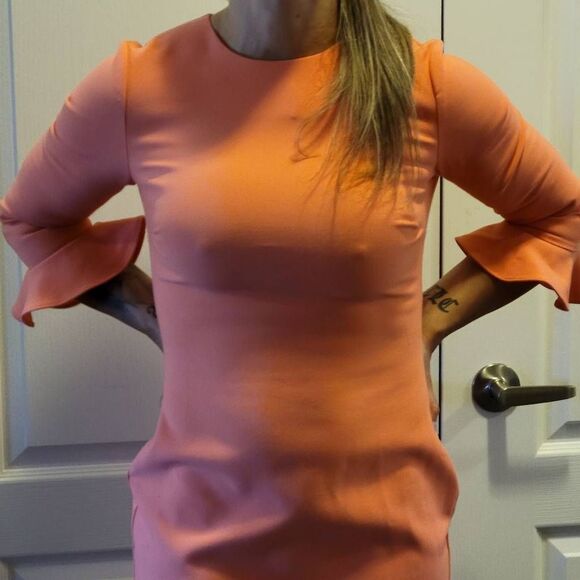 SANDRO crew neck ruffle Sheath pink designer dress Final Discount - Picture 5 of 16